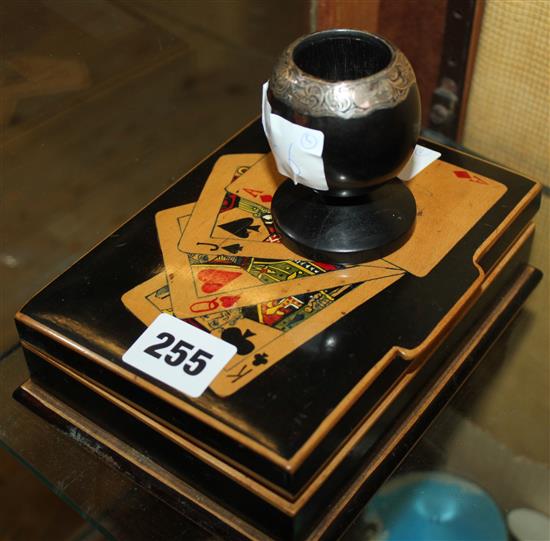 MOP bezique monkeys and game counters and silver mounted vesta stand